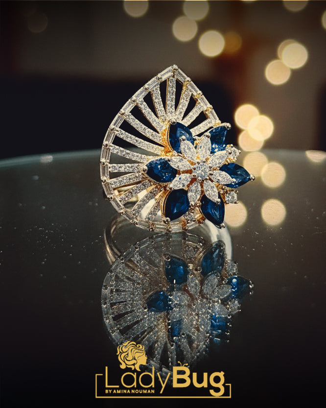 Duplet Stone Statement Ring – Floral Cocktail Ring with CZ Diamonds & Gold Finish – Ring by Ladybug (Photo 2)
