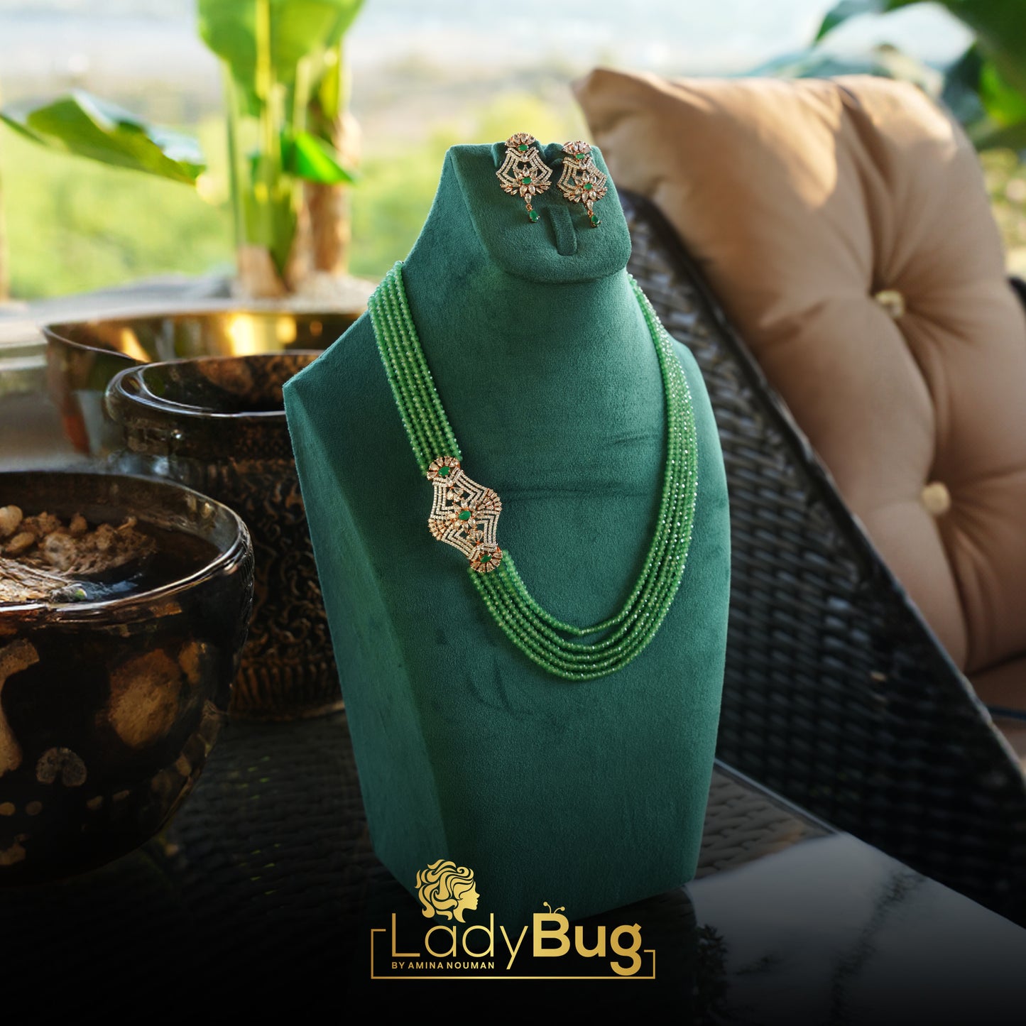 Ad Zircon Mala with Mint Color Stone & Rose Gold Polish