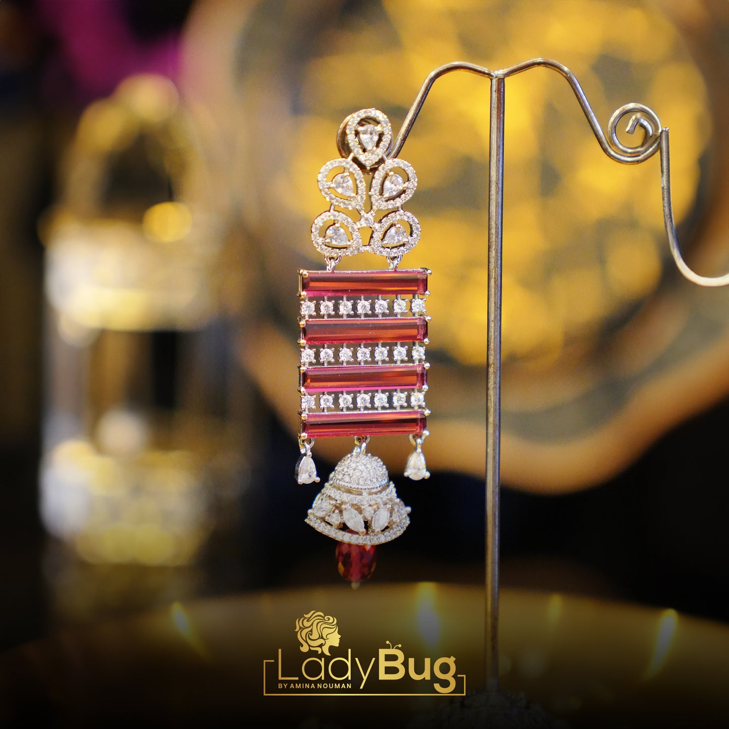Rhodium-plated earrings with Ad stone and Rubi color
