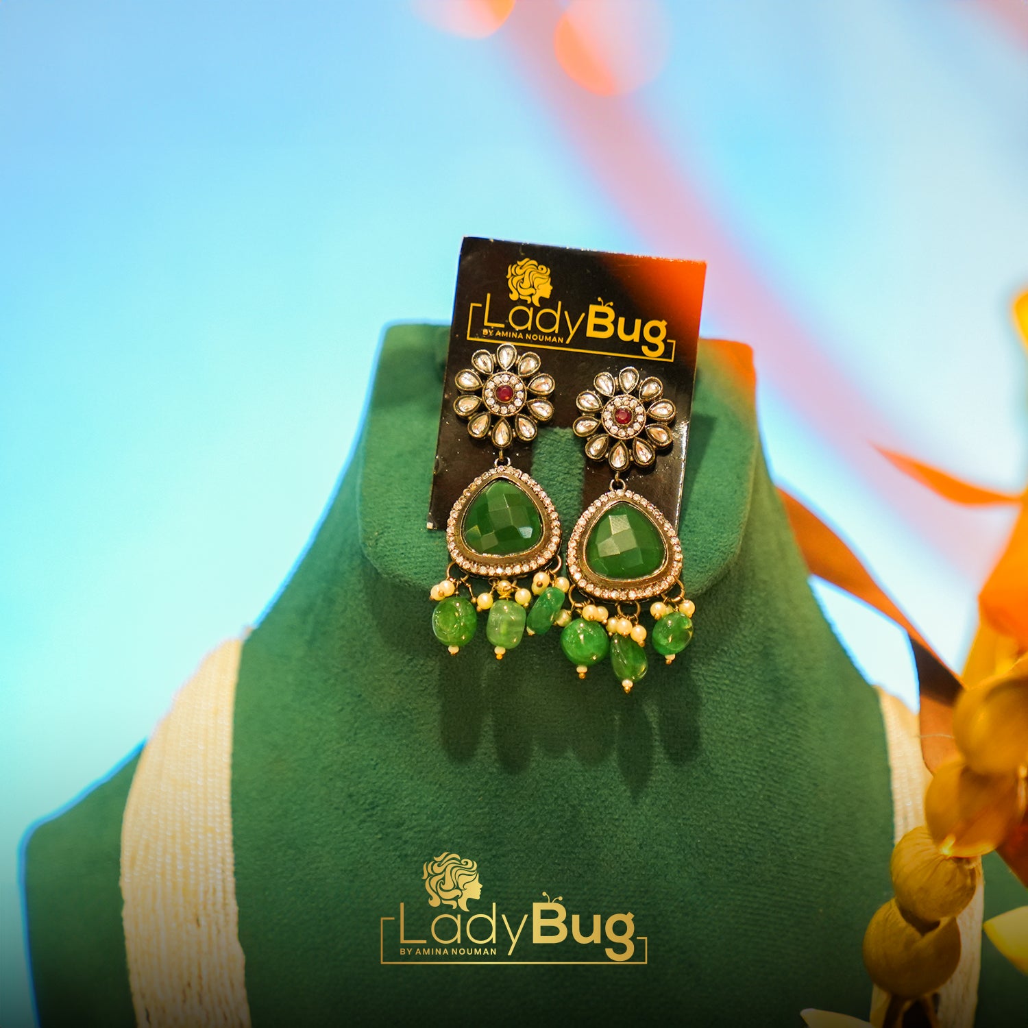Victorian Polish Mala and Earrings with Emerald Stones LB-562,LB-563