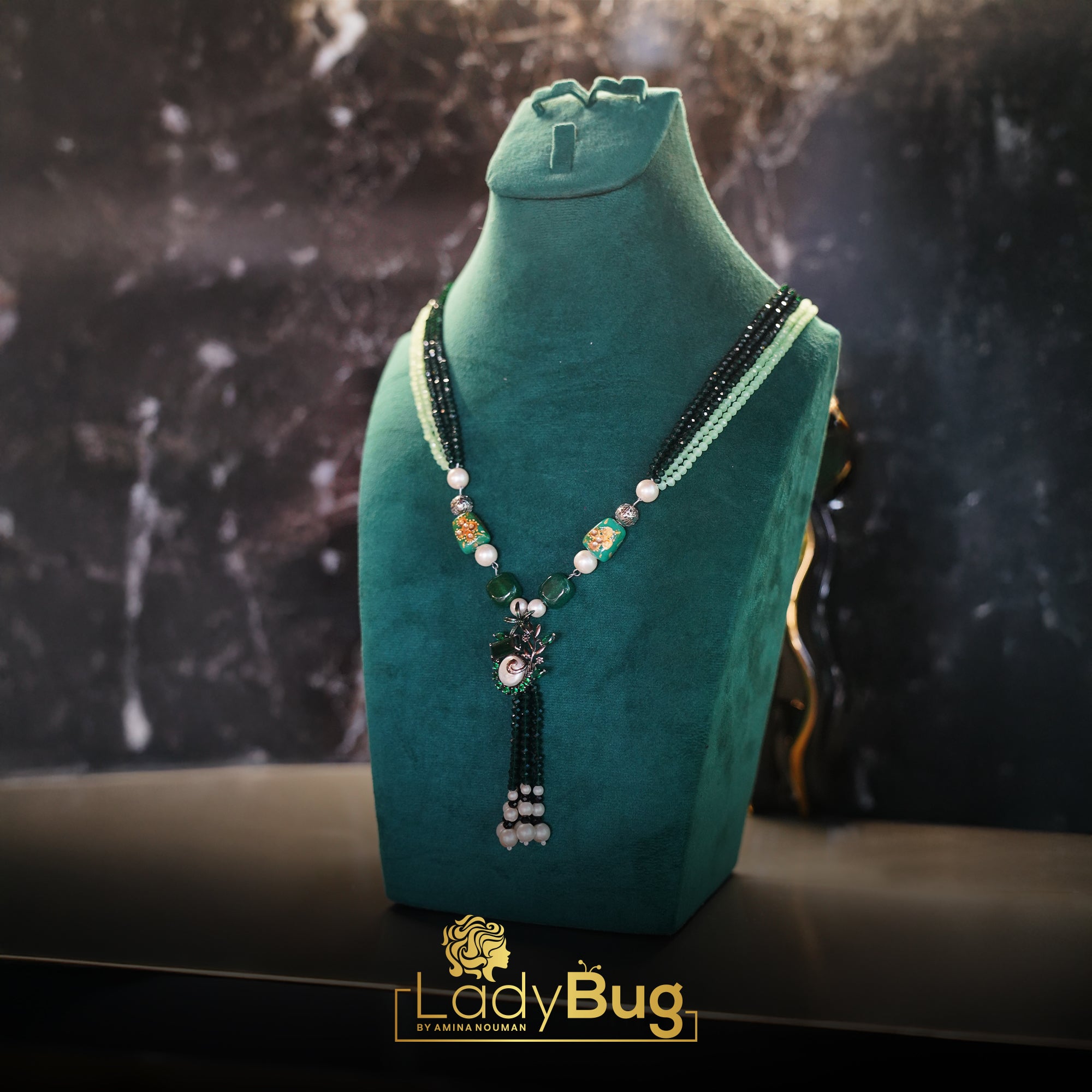 Emerald and Mint Colour Mala with Mother Pearls