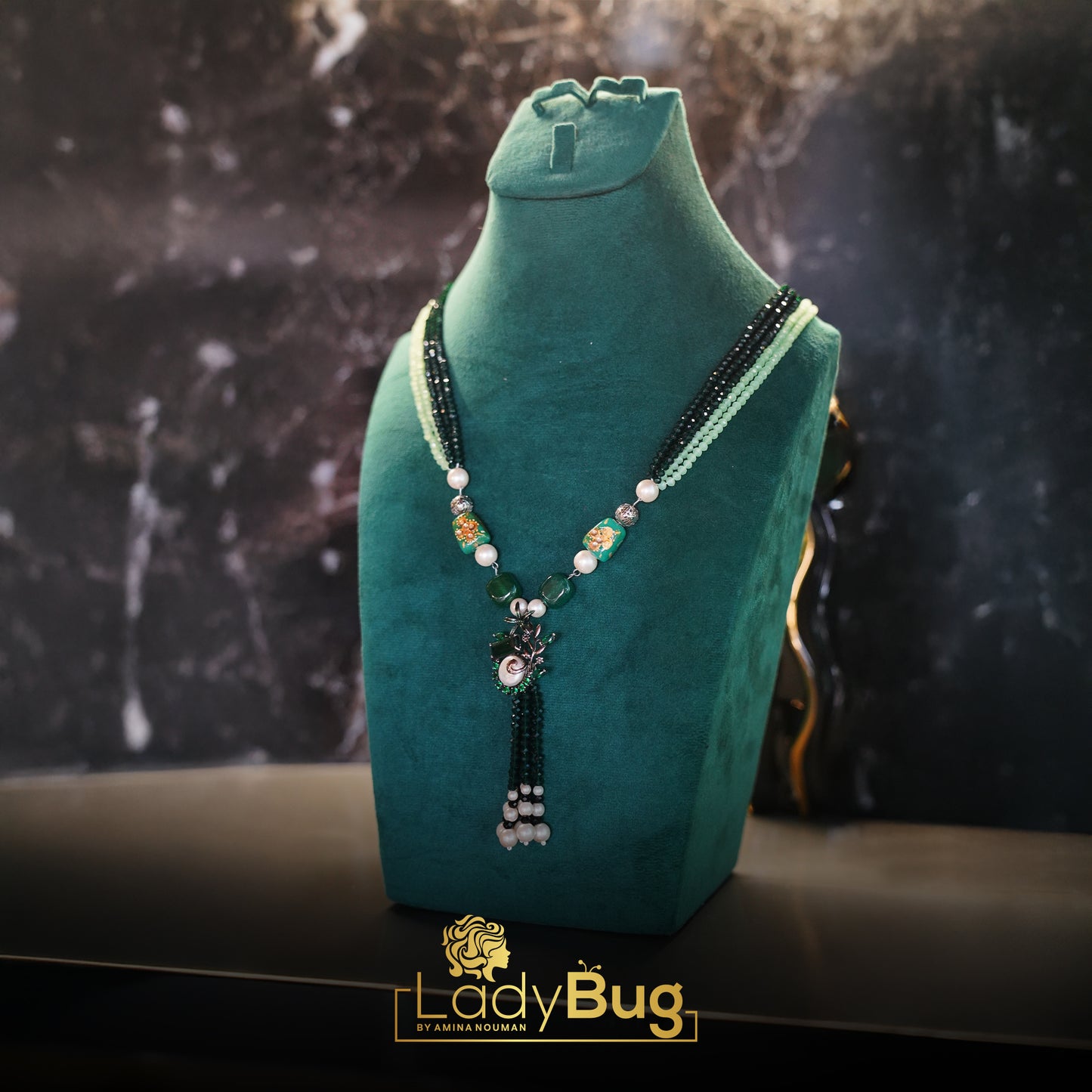 Emerald and Mint Colour Mala with Mother Pearls