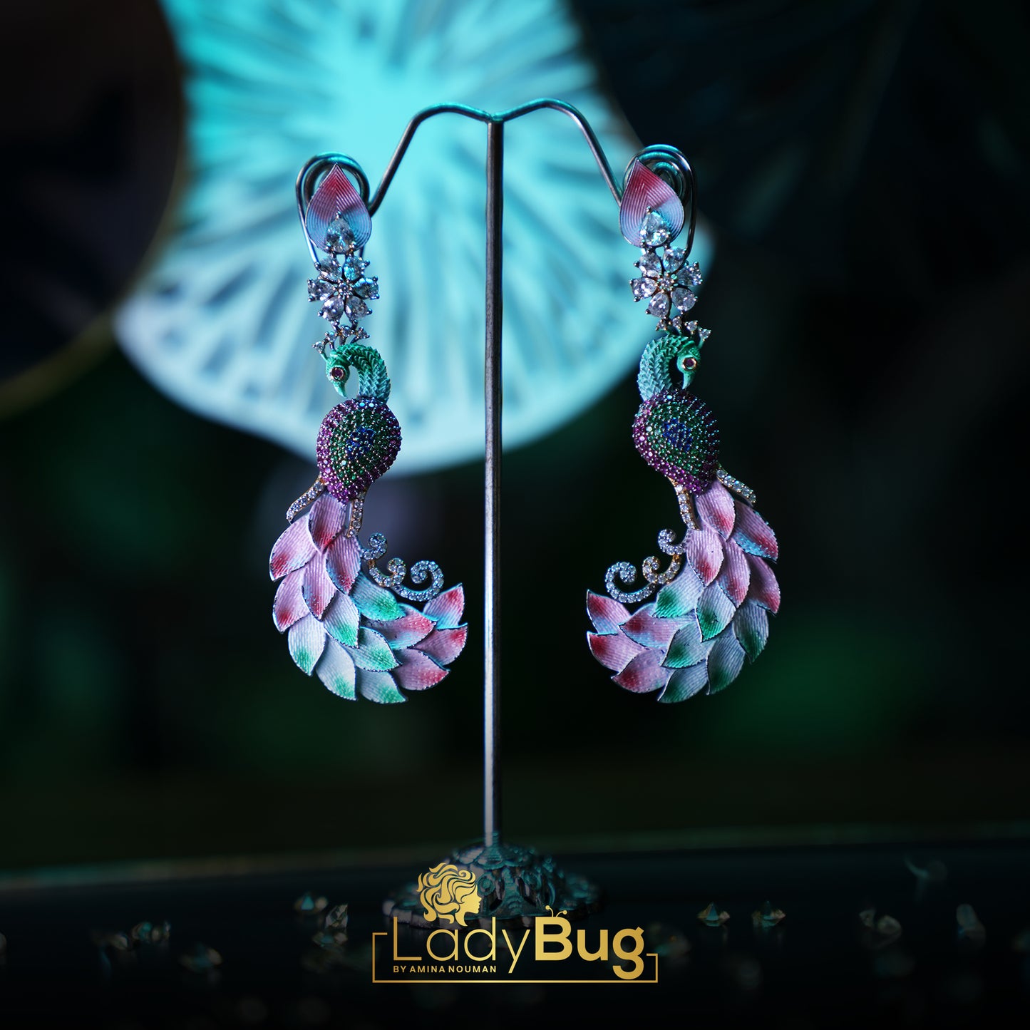 Peacock earrings with hand paint multi-color