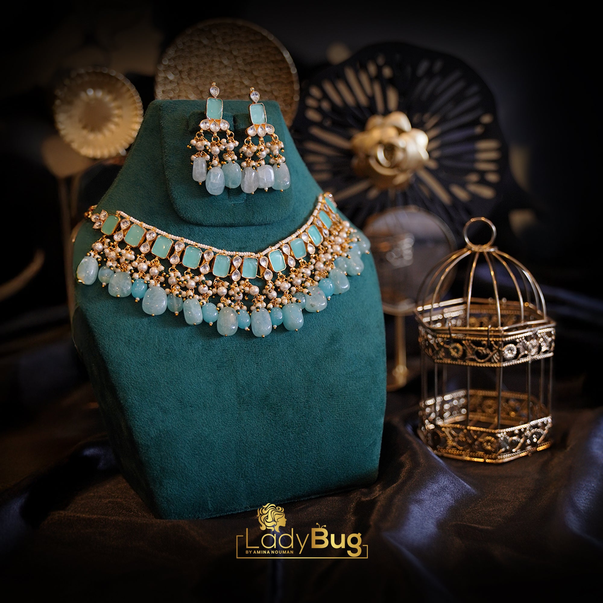 Paachi kundan Gold Plated Set with Ice Blue Color