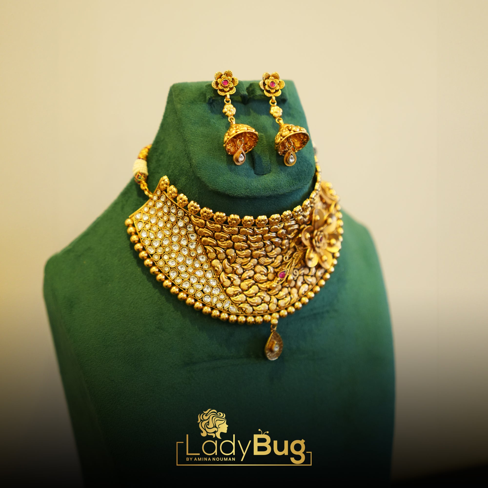 Rajwari Bridal Set embossing Tayani Kundan with Matte Polish