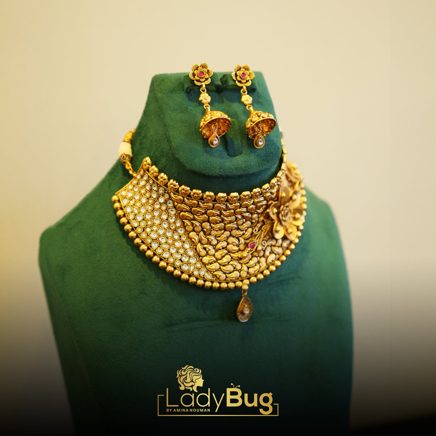 Rajwari Bridal Set embossing Tayani Kundan with Matte Polish