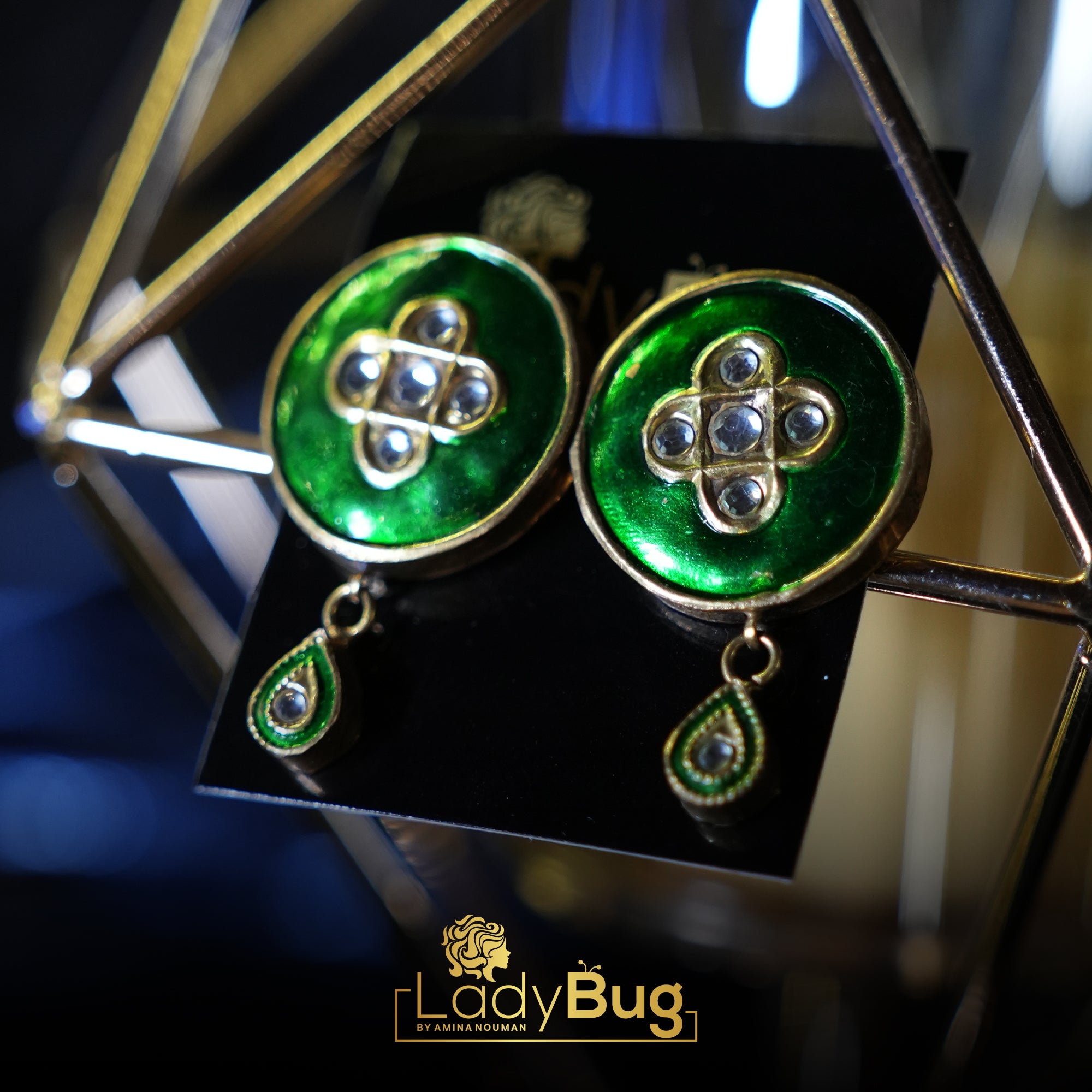 Kundan Meena Studs with Meena Kari in Emerald color LB-494