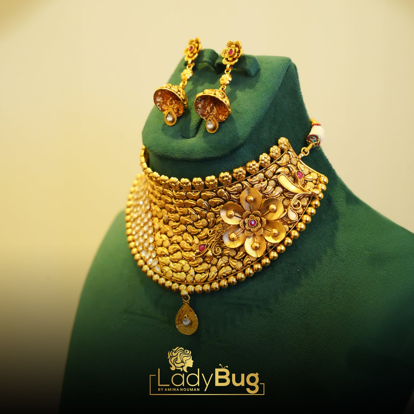 Rajwari Bridal Set embossing Tayani Kundan with Matte Polish