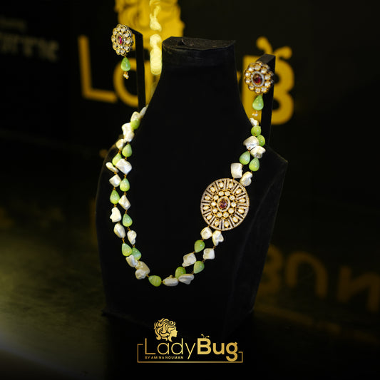 Tayani Kundan Morther Pearls Double Layers Mala with earrings in Mint color