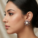 Pearl Floral Stud Earrings with Ruby Stone Design