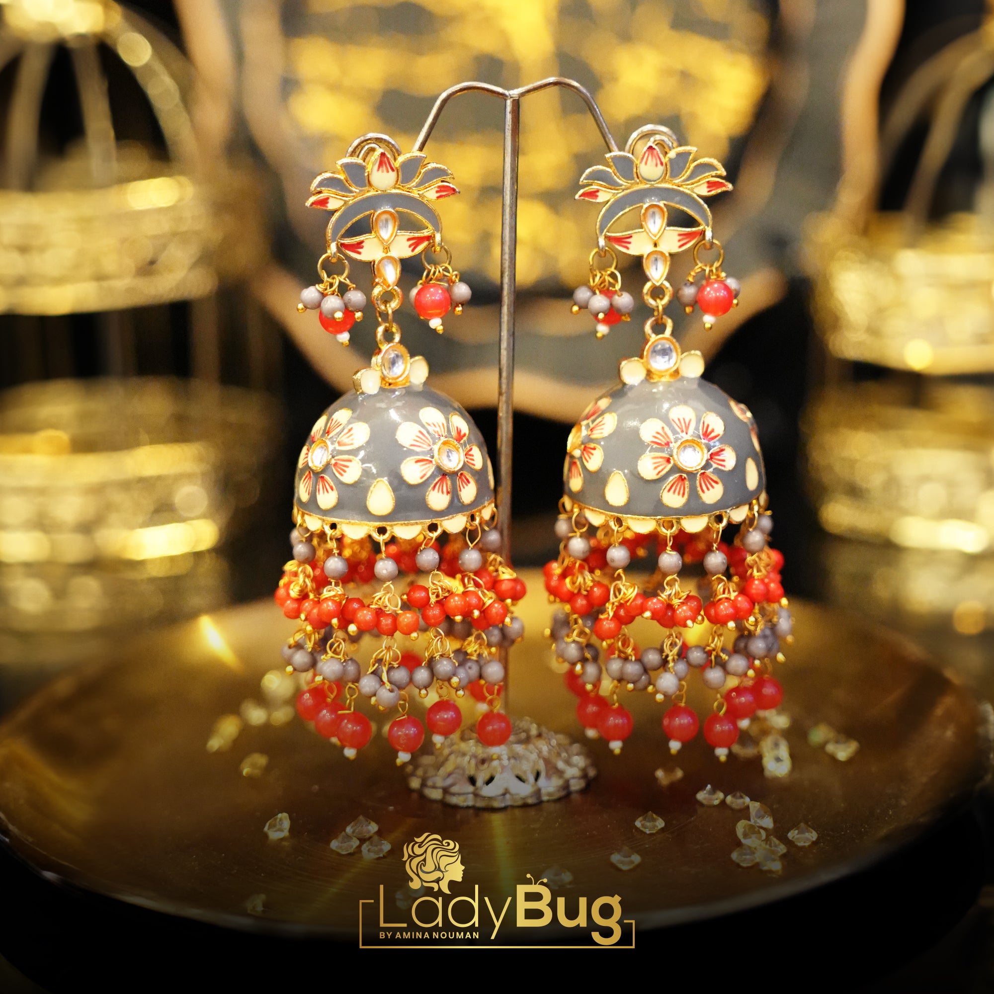 Kundan Jhumka with Meena in grey color (LB-396)