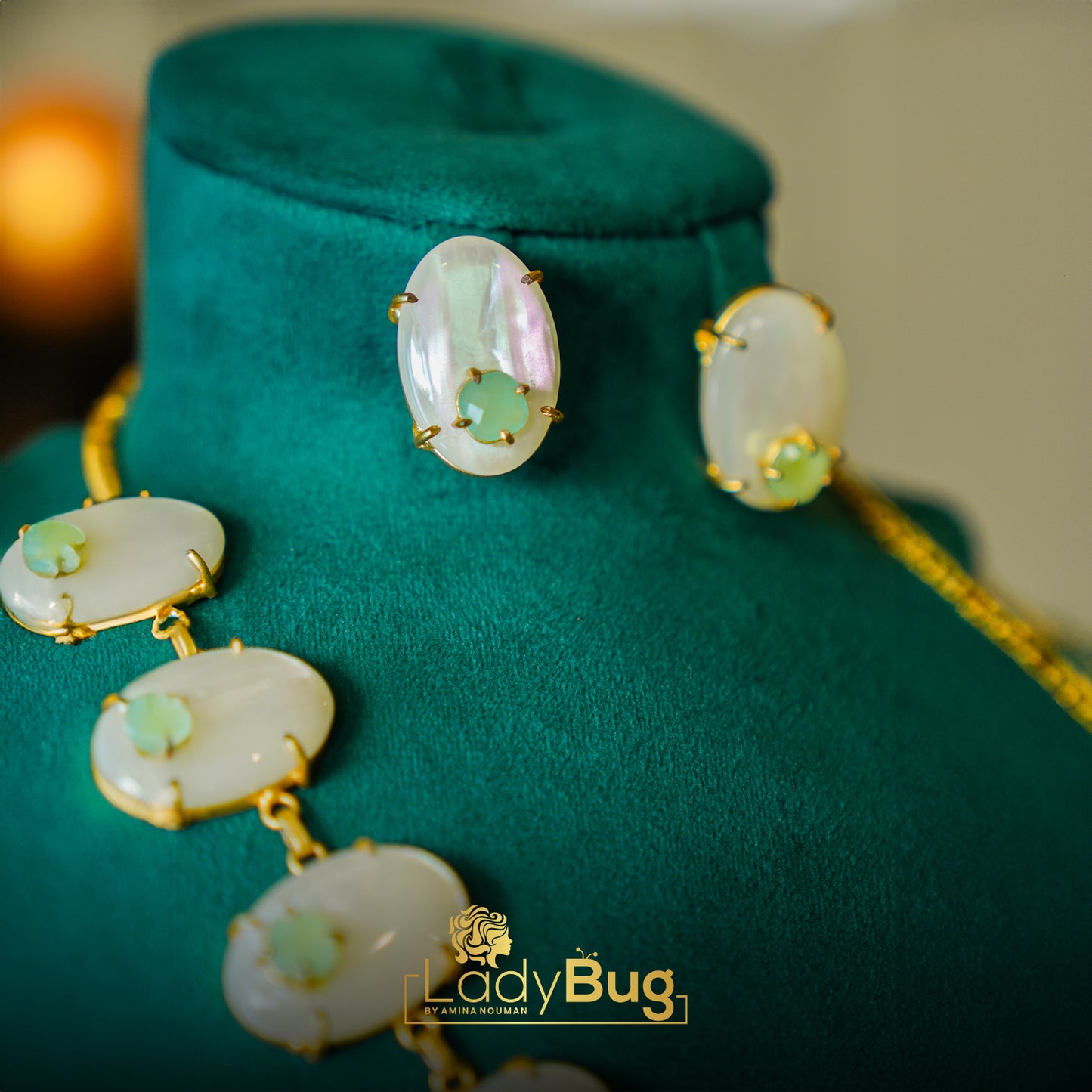 Mother pearls necklace and studs, 3 in 1 white and mint color