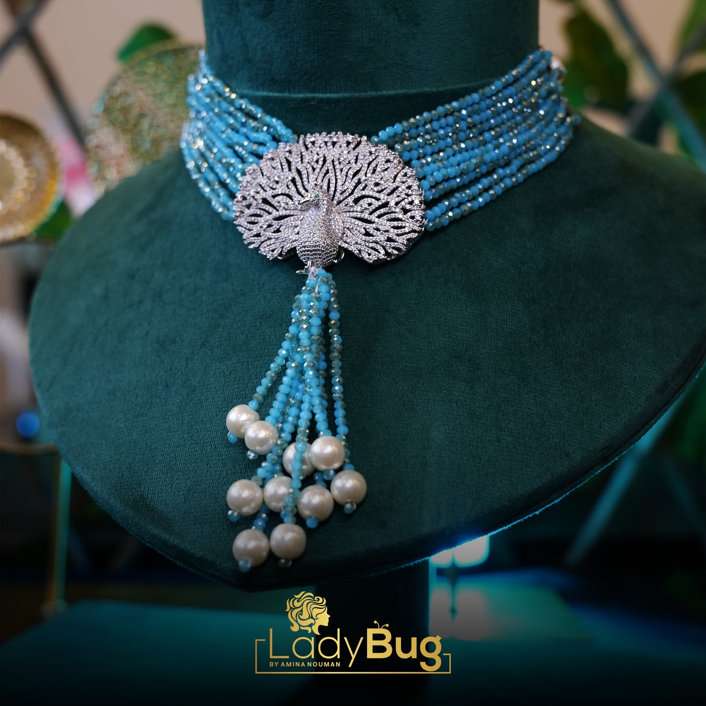 Peacock Choker embossing mother pearls in Ice Blue color