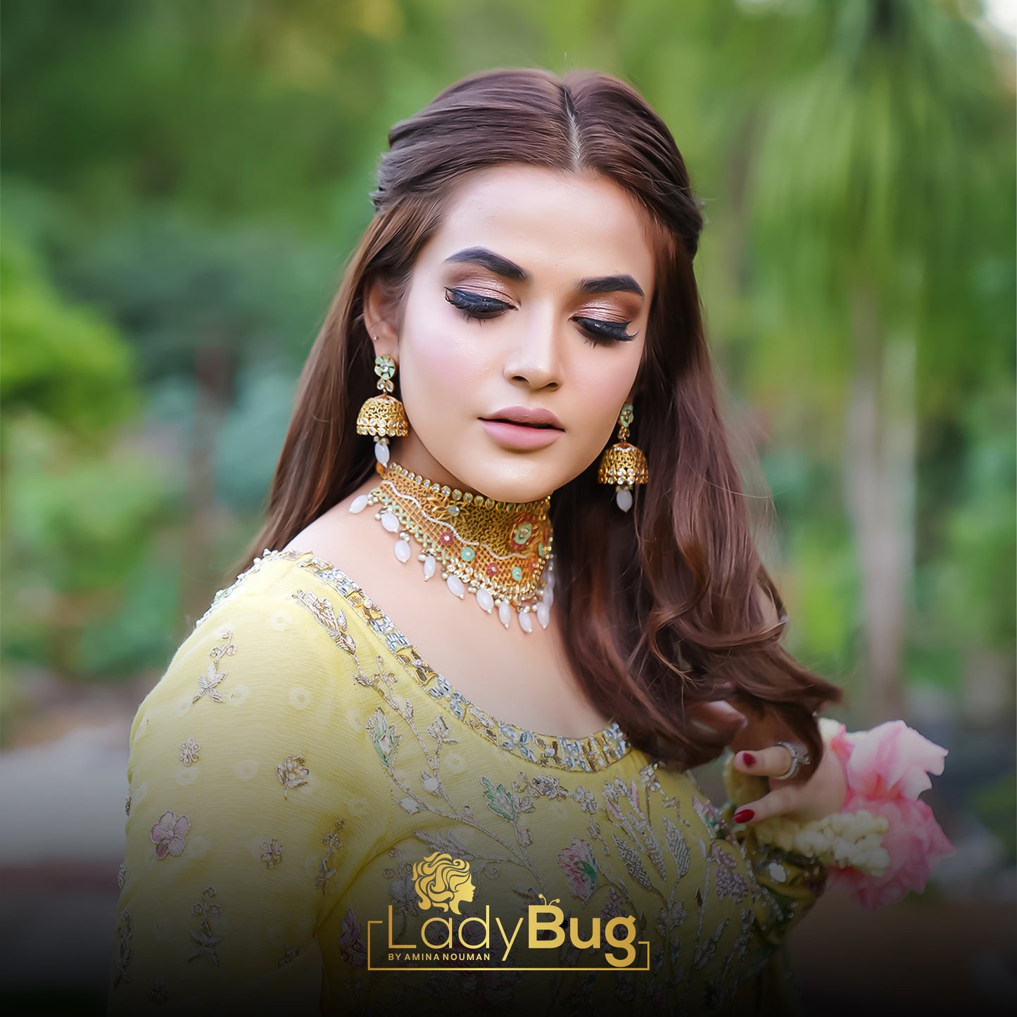 Hand-painted, Matt Gold-plated Bridal Set with White Stones