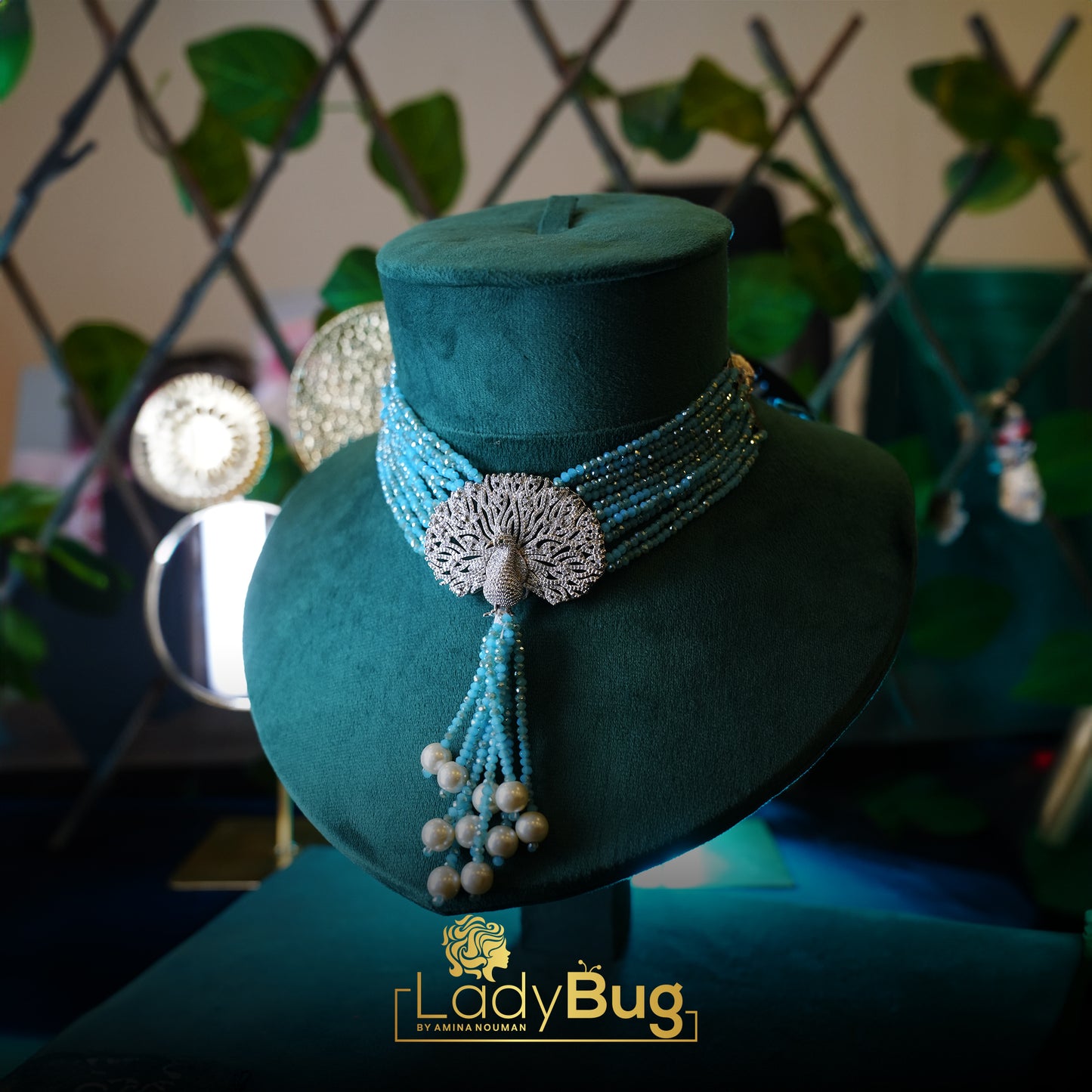 Peacock Choker embossing mother pearls in Ice Blue color