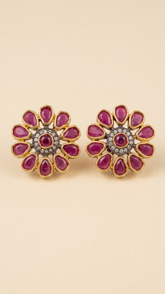 Ruby Floral Stud Earrings with Zircon Stones