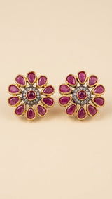 Ruby Floral Stud Earrings with Zircon Stones