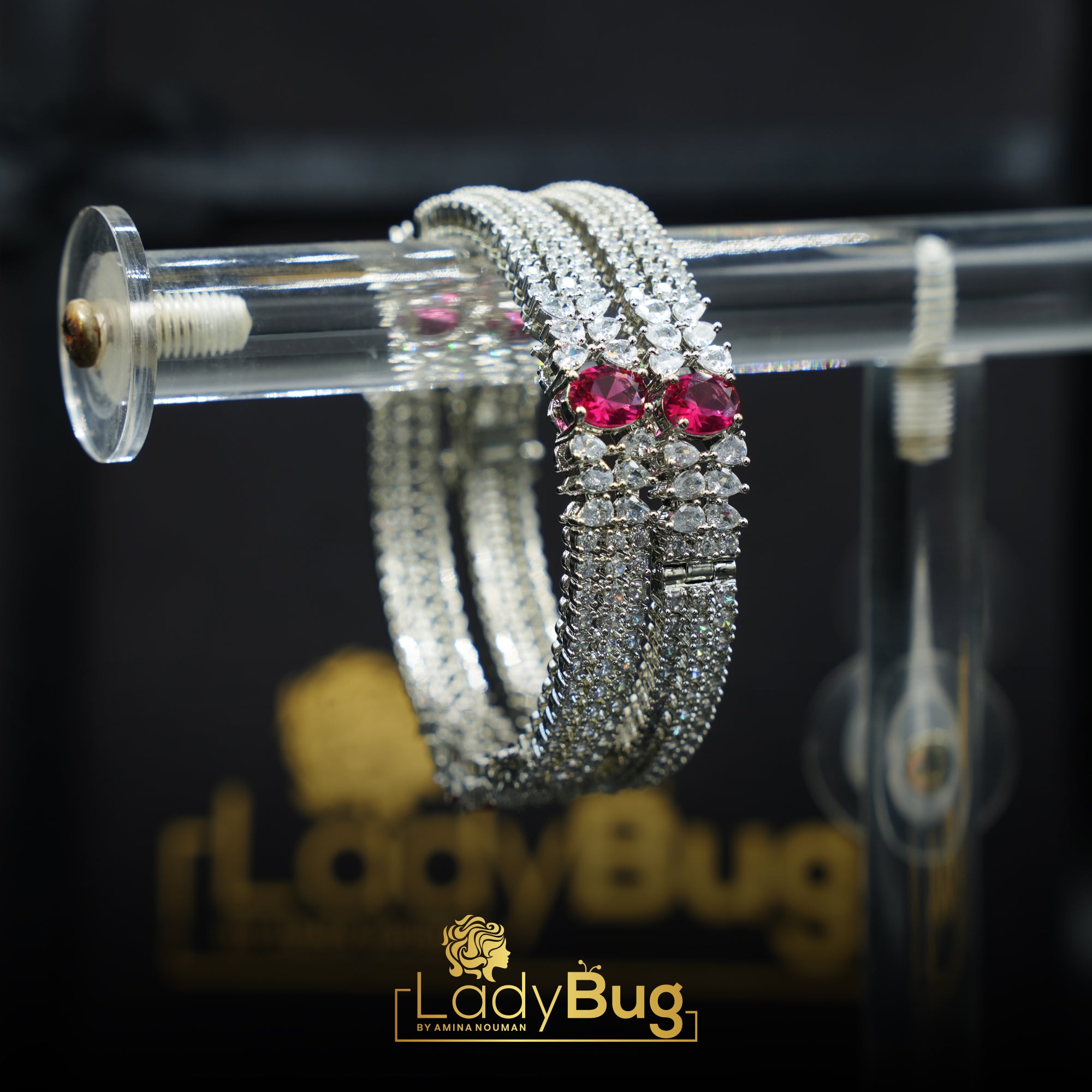 Openable Rhodium bangles with Ruby color stone(LB-182)