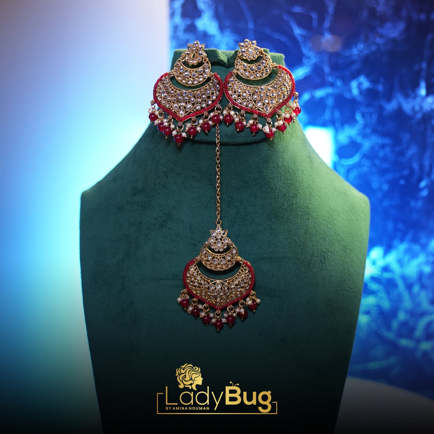 Big Kundan earrings with Teeka in Ruby color