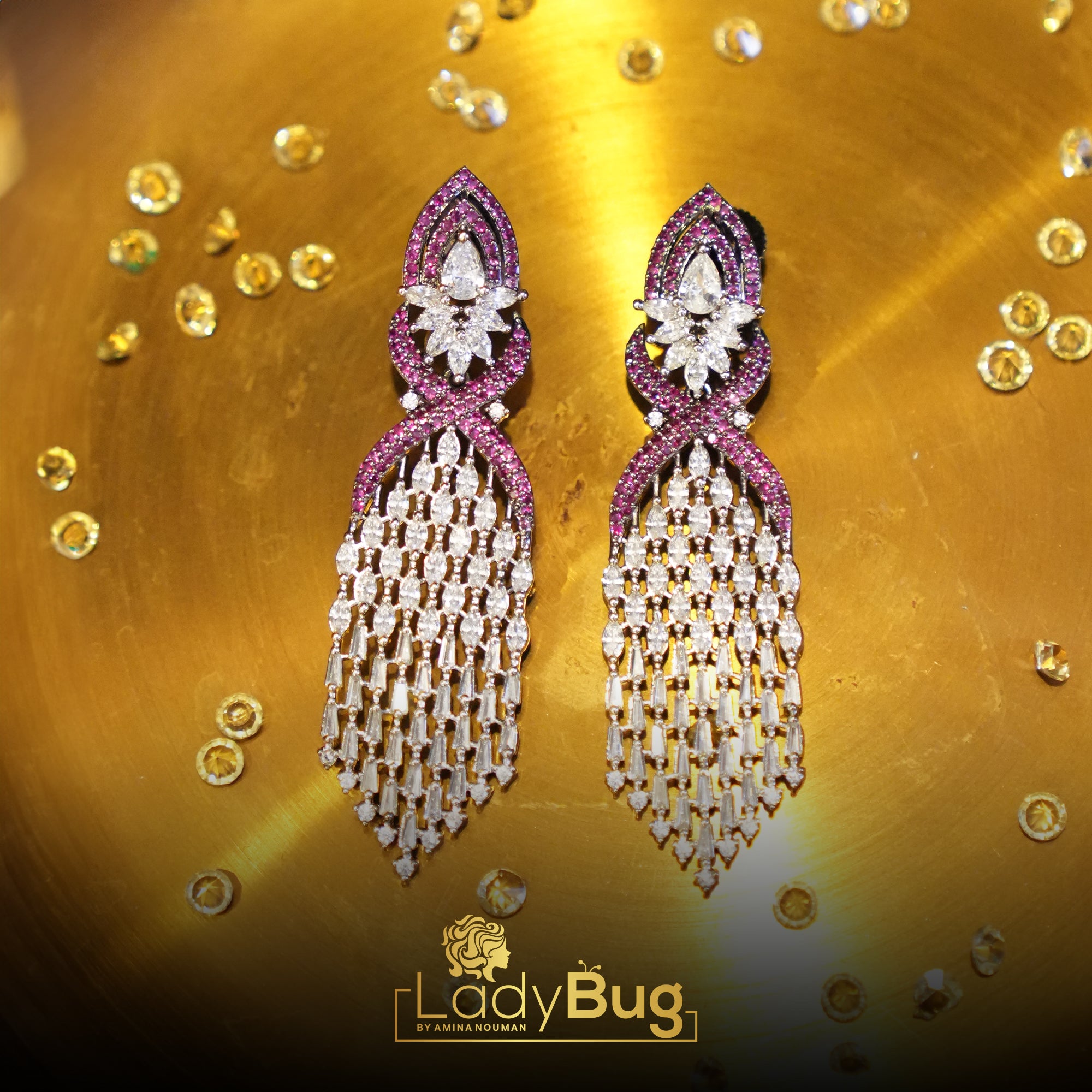 Zircon long earrings in Ruby color (LB-405)