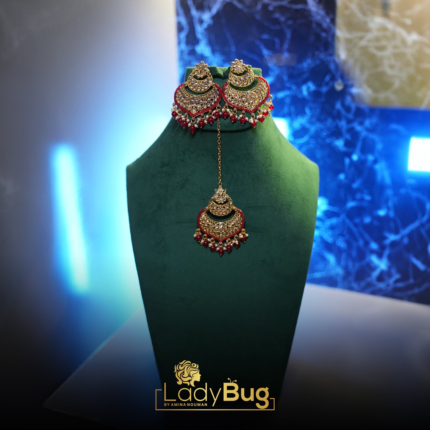 Big Kundan earrings with Teeka in Ruby color