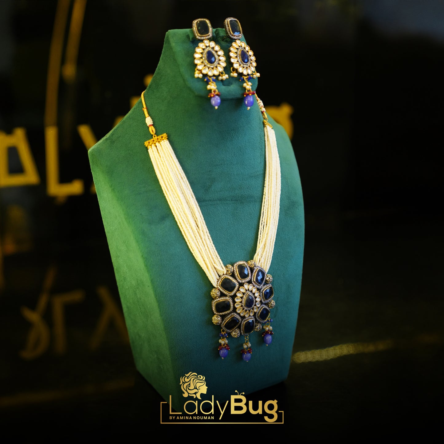 Kundan Mala Set with Sapphite stones & pearls