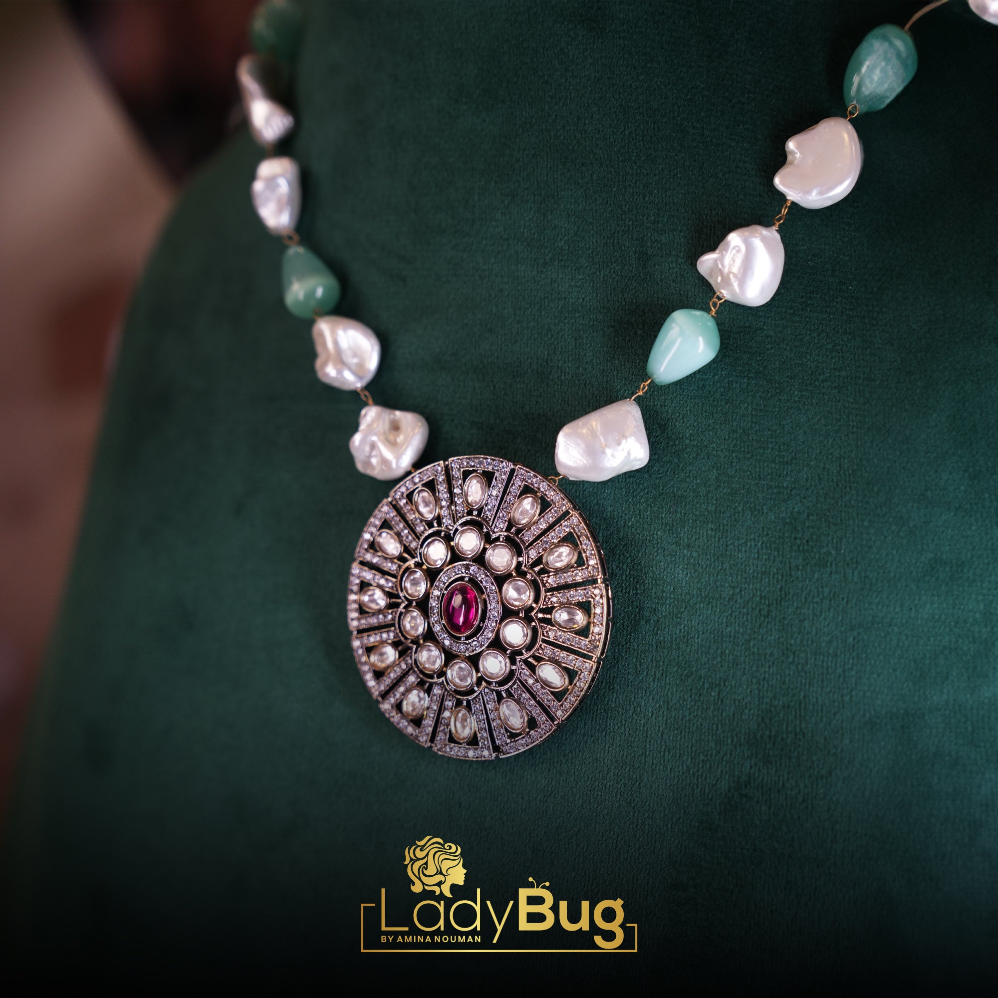 Mala set sapphire stone and white pearls LB-856