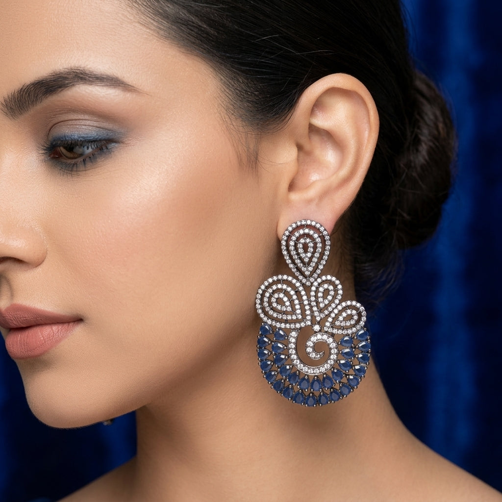 Luxury Blue Stone Chandelier Earrings | American Diamond Statement Earrings for Weddings & Parties (LB-872)