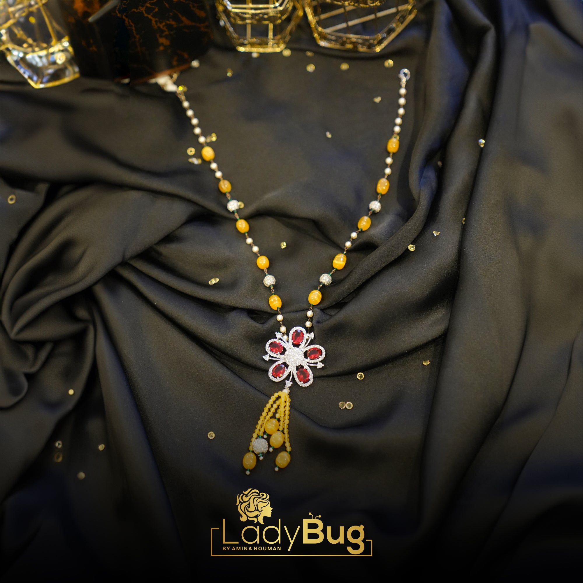 Lemon Yellow stone Mala with Red Broach LB-238