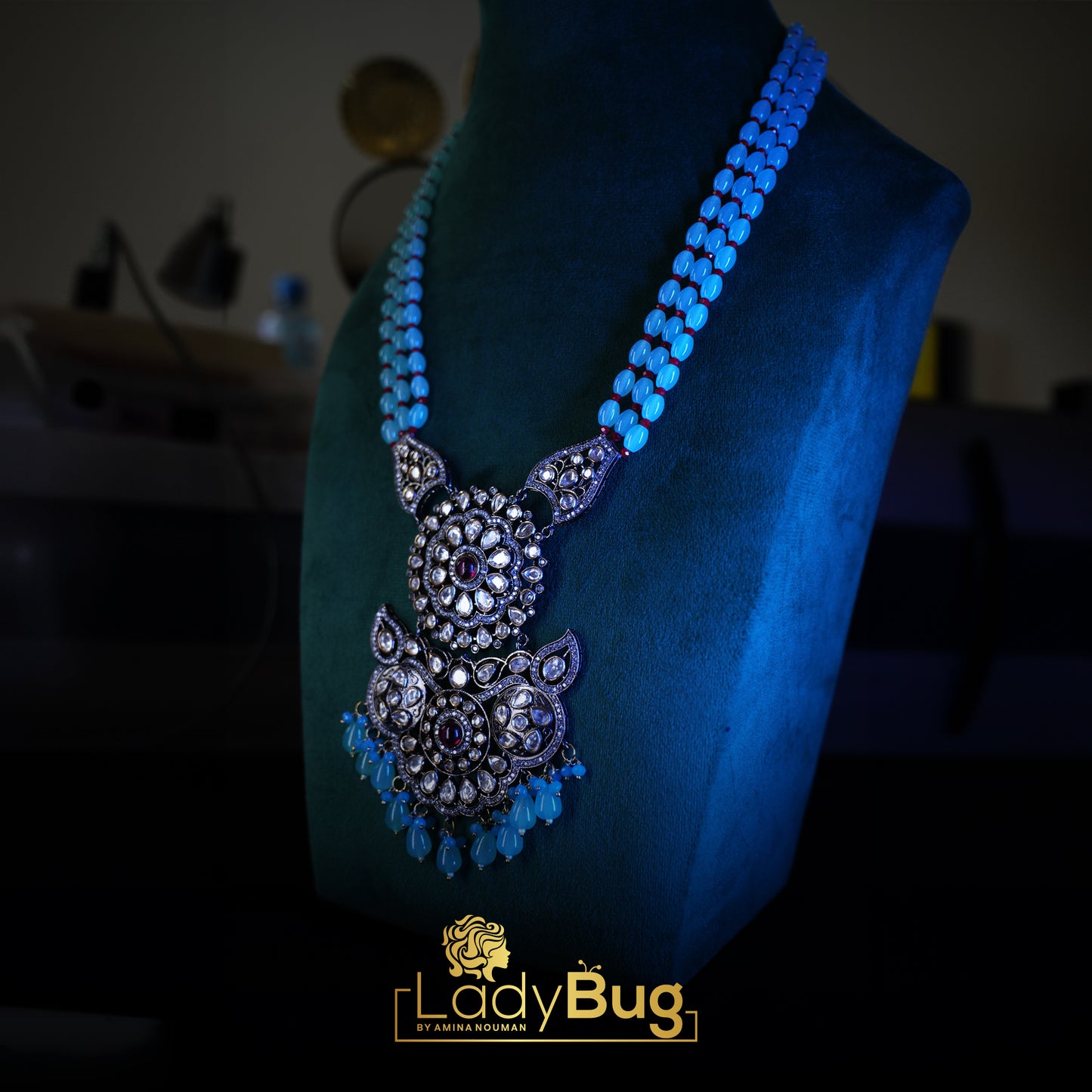 Mala Set with Big Ruby Stone Broach and Ice Blue Pearls