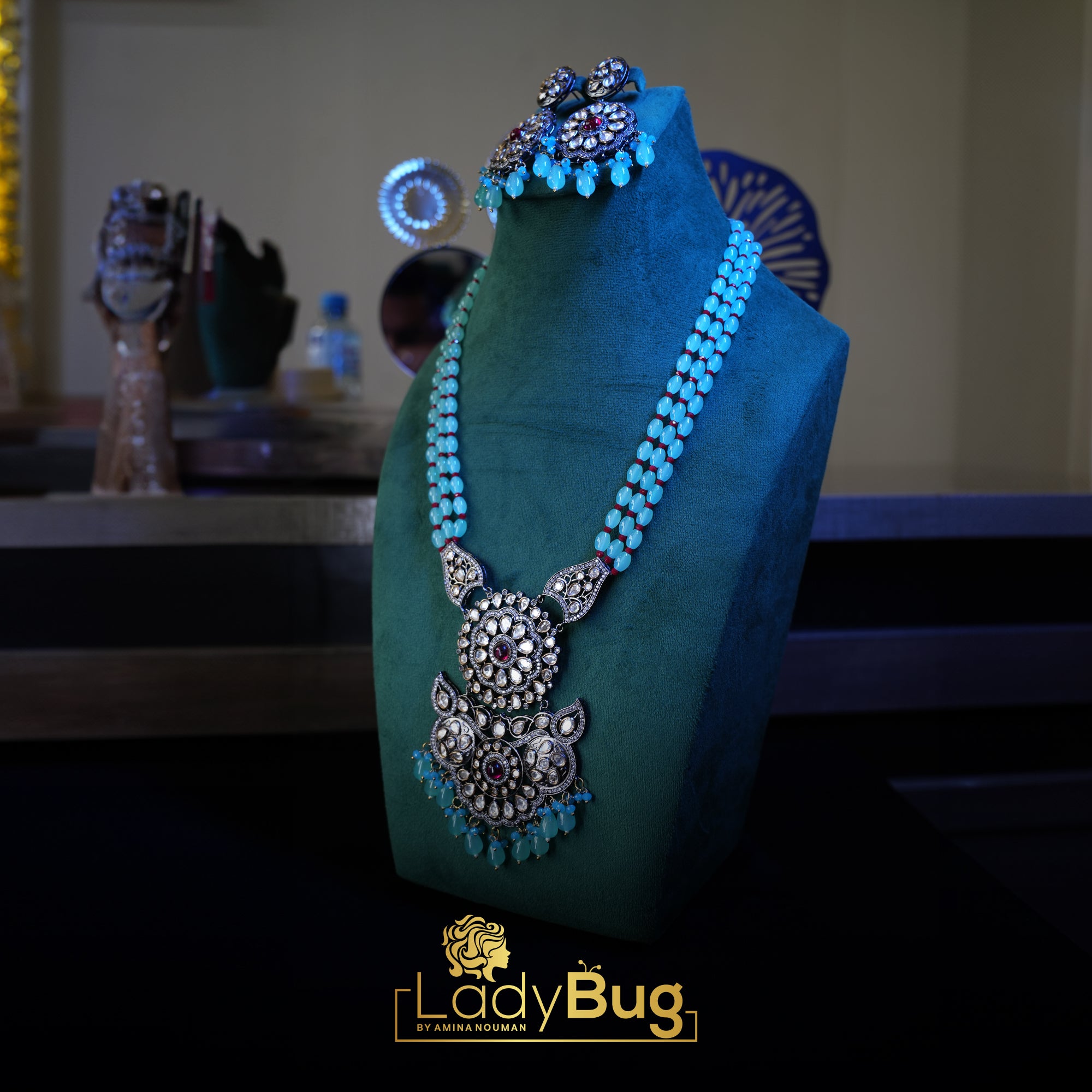 Mala Set with Big Ruby Stone Broach and Ice Blue Pearls lb 861