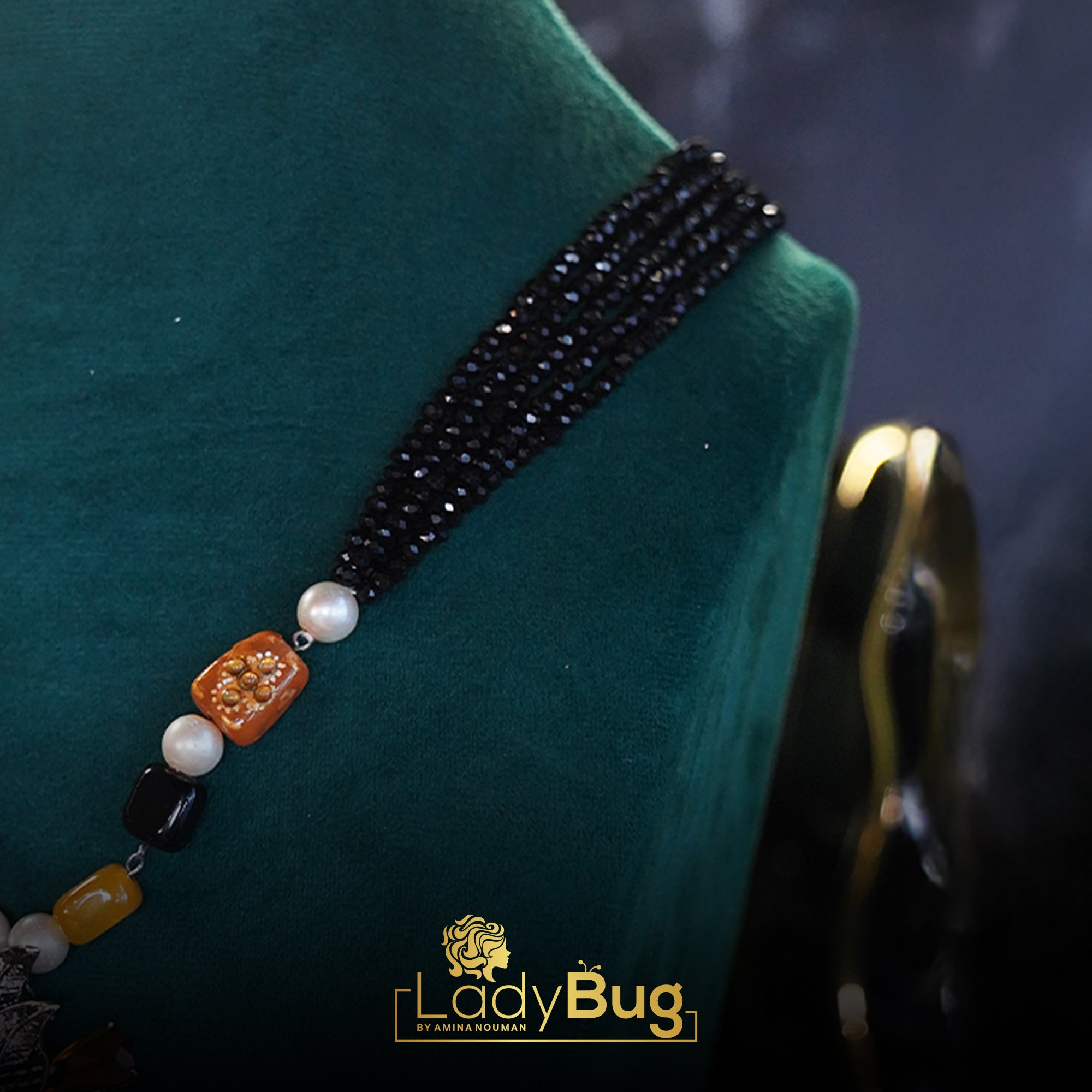 Black Stone Long Mala with Lemon Yellow Colour
