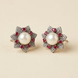 Pearl Floral Stud Earrings with Ruby Stone Design