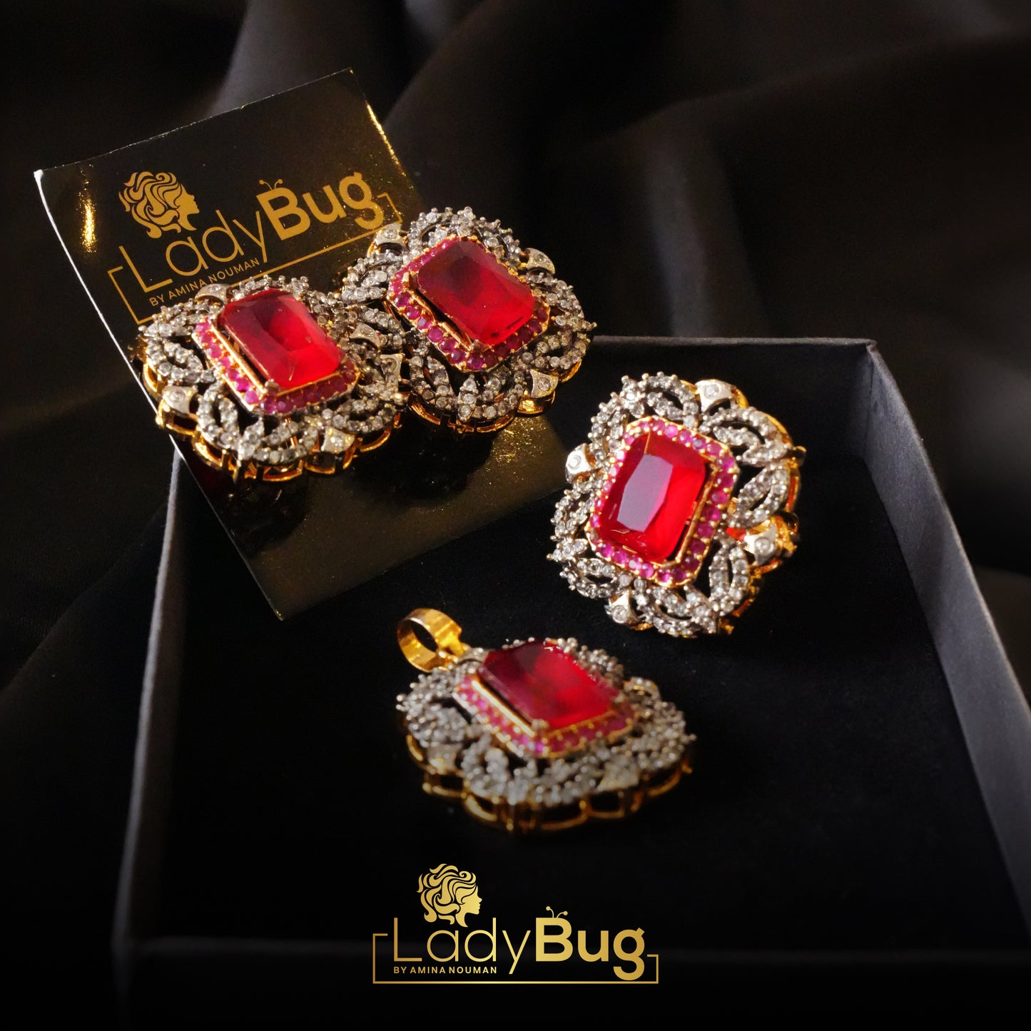Gold plated diamond cut pendant set with ruby stones
