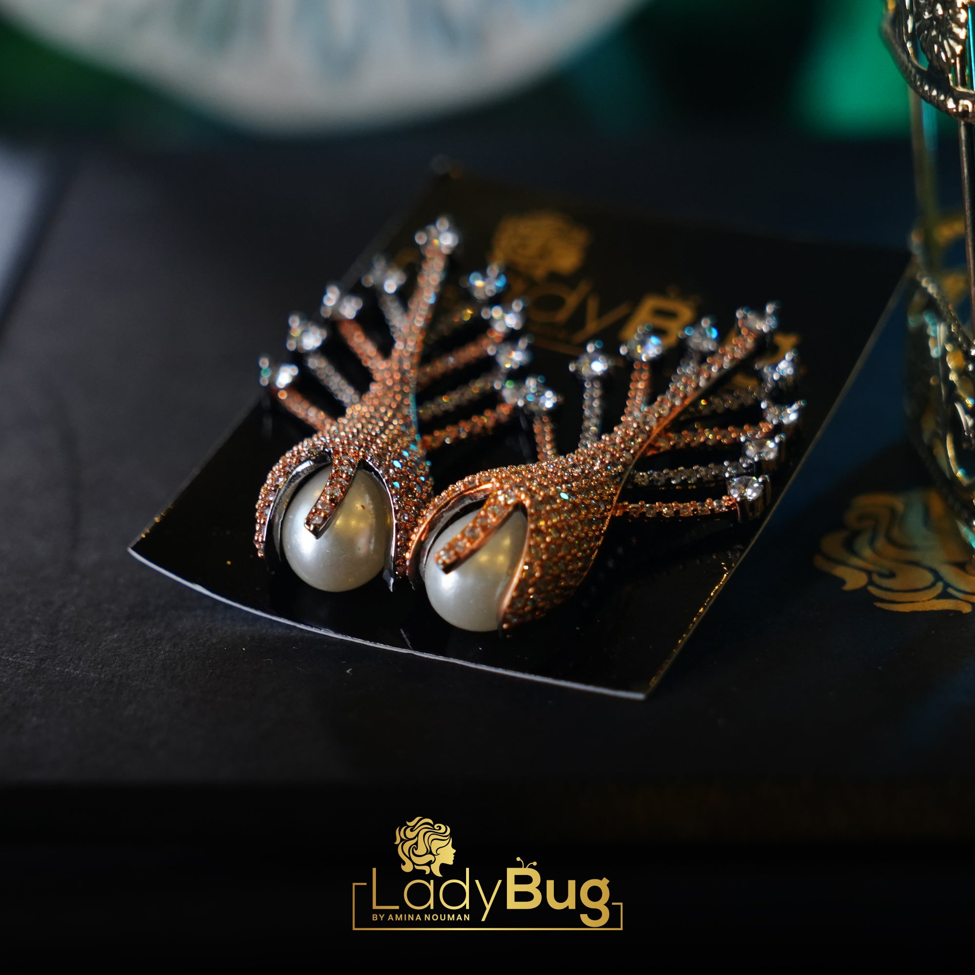 Pearl Zircon Studs in black polish