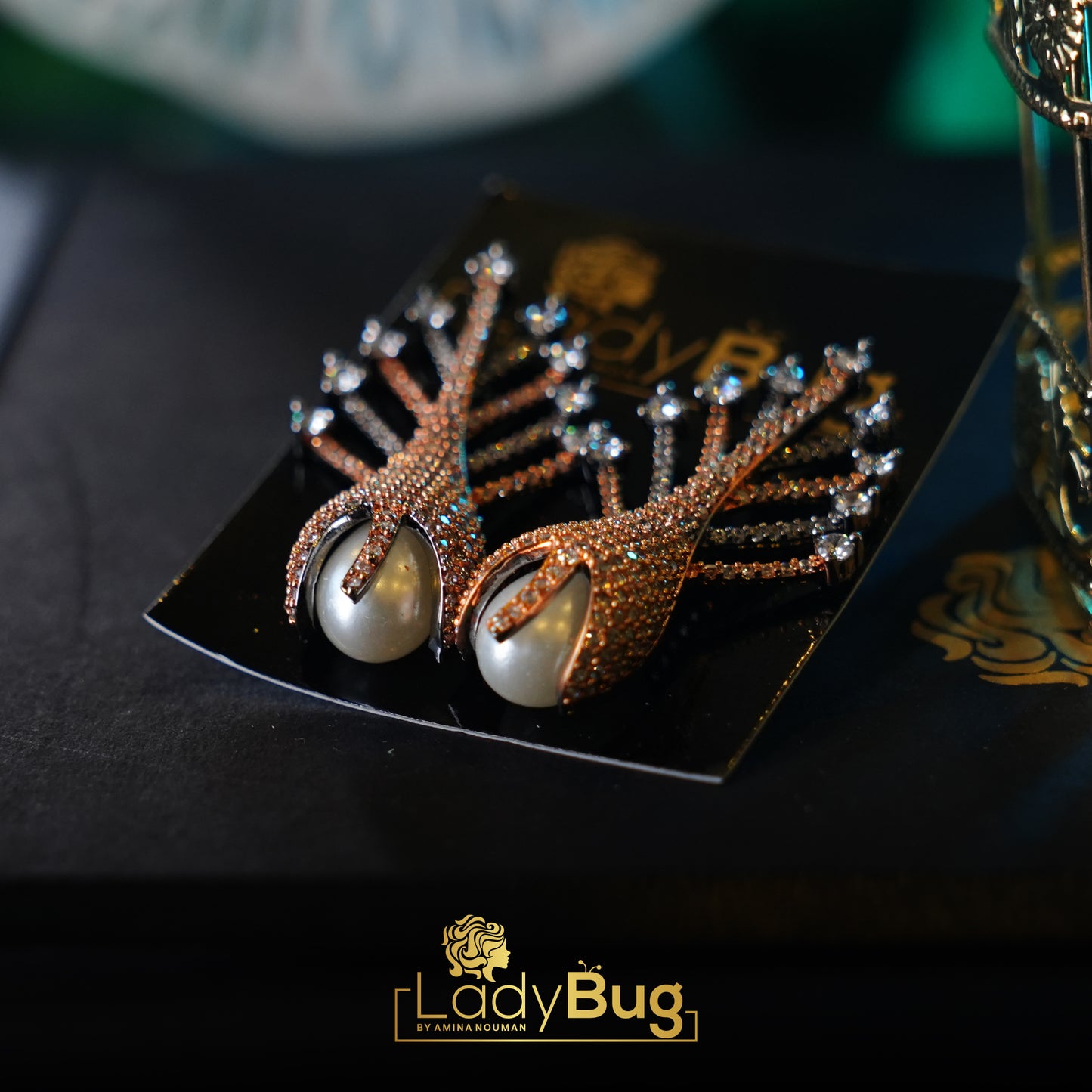 Pearl Zircon Studs in black polish