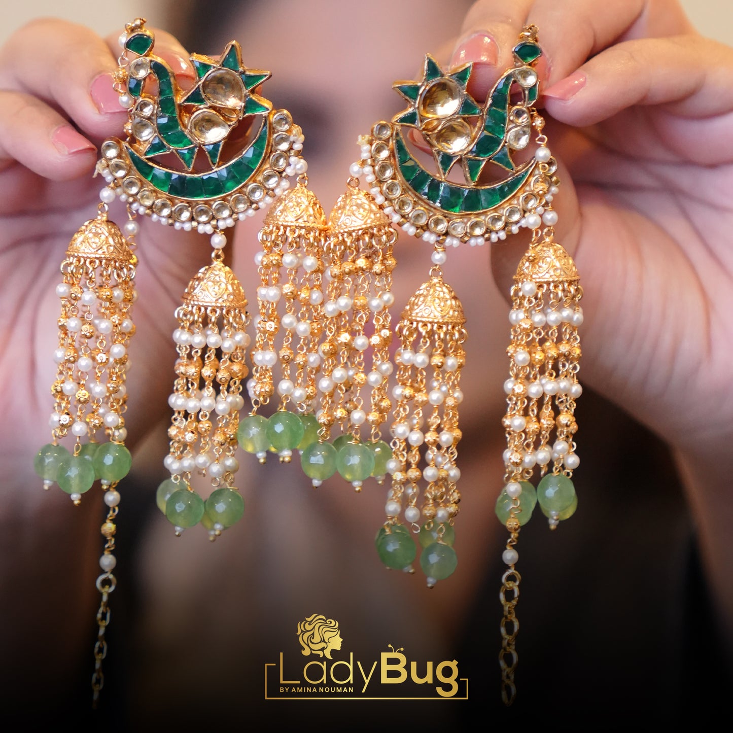 Tyaani Kundan Jhumka earrings in mint color
