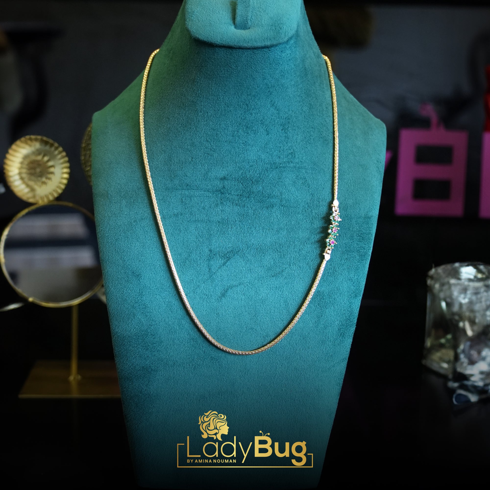 Gold-plated Chains with Emerald & Ruby stones