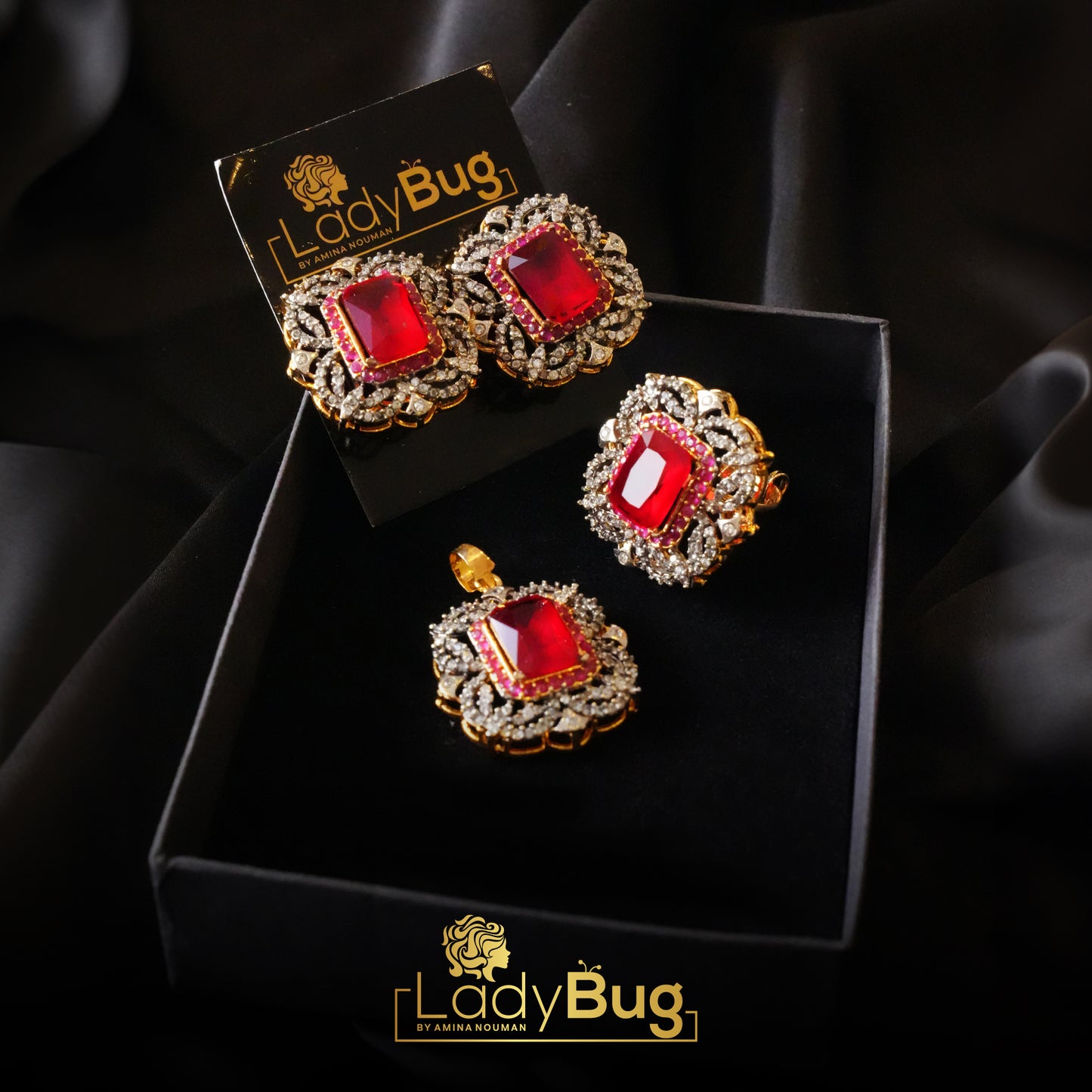 Gold plated diamond cut pendant set with ruby stones