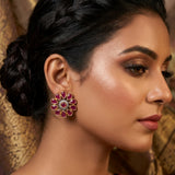 Ruby Floral Stud Earrings with Zircon Stones