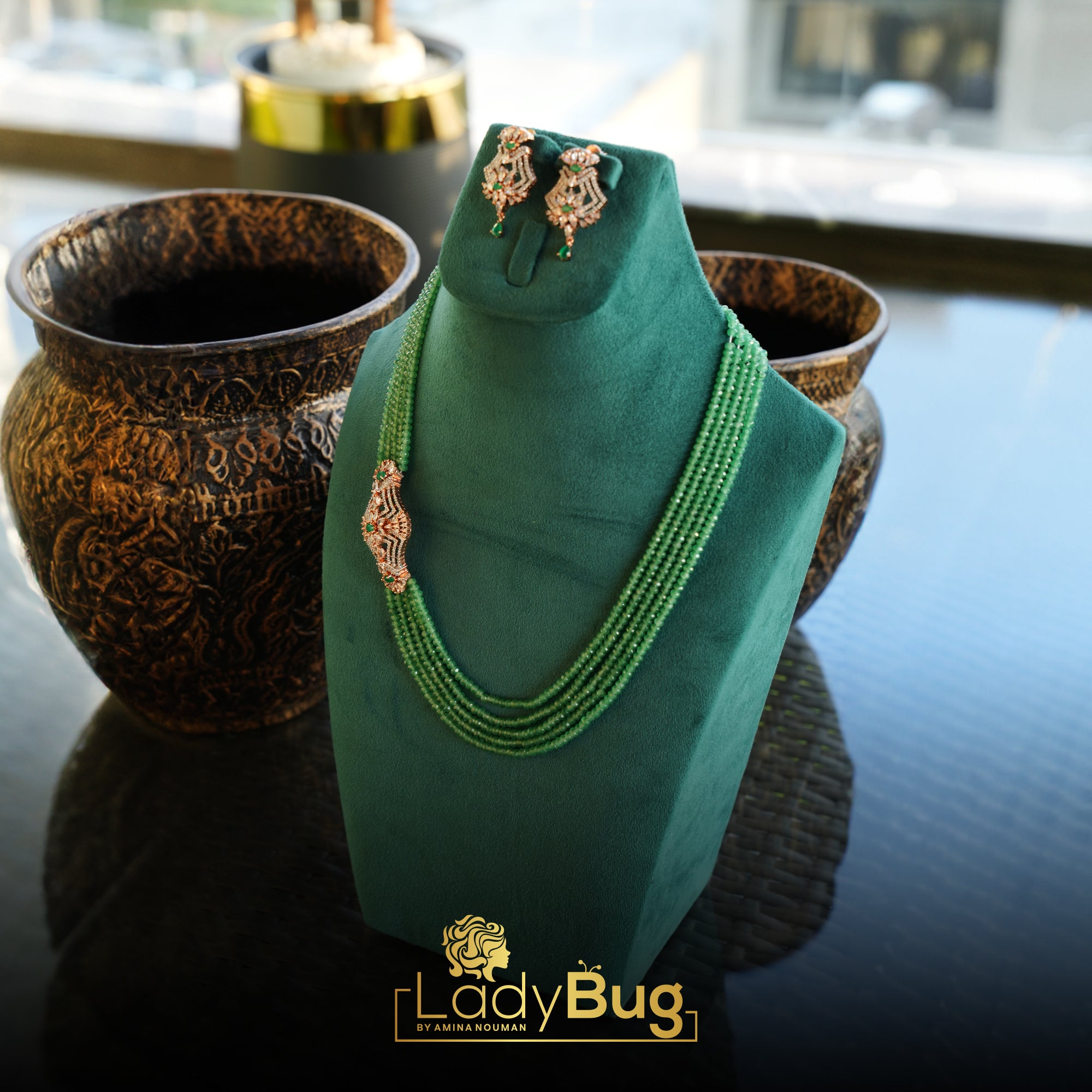 Ad Zircon Mala with Mint Color Stone & Rose Gold Polish LB-664