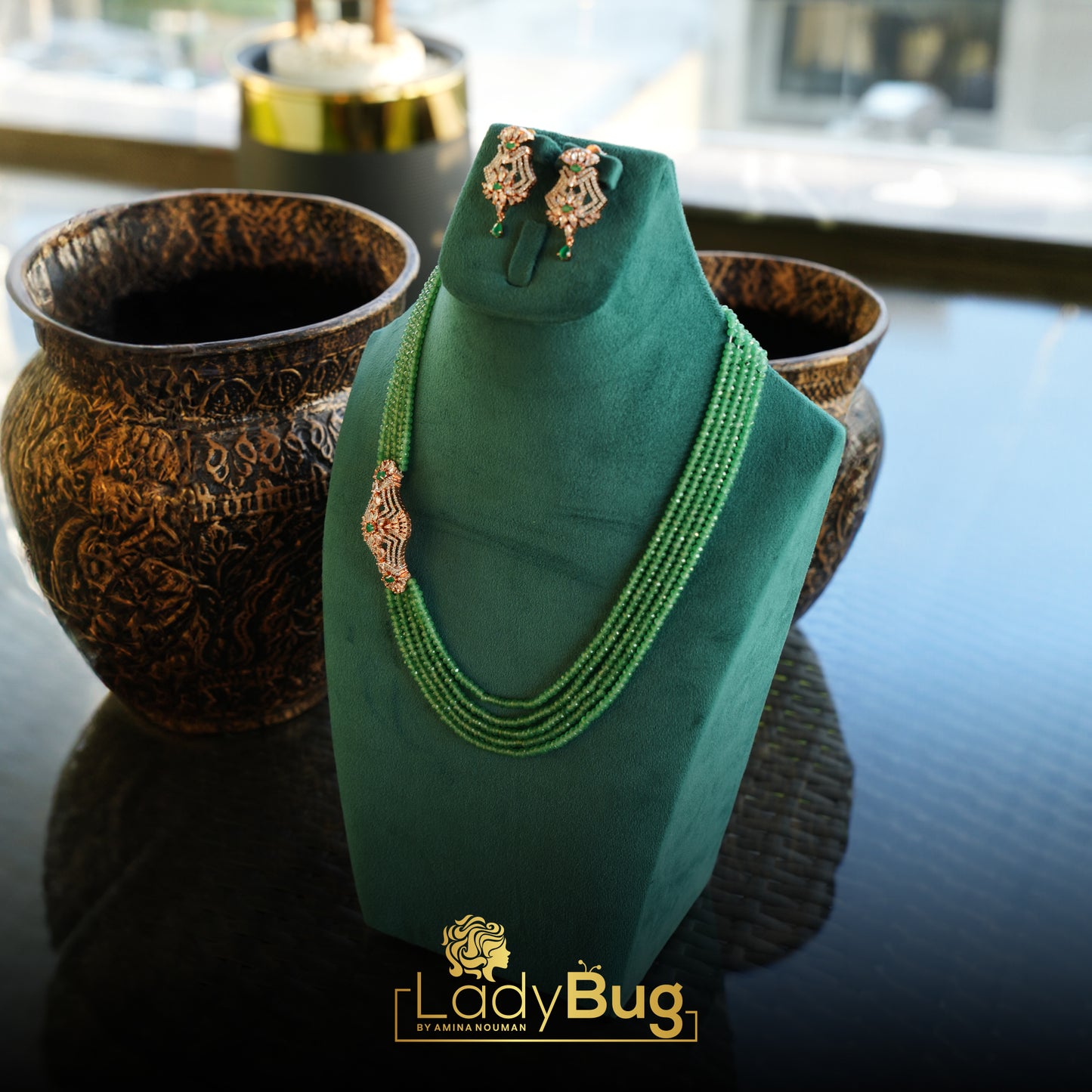 Ad Zircon Mala with Mint Color Stone & Rose Gold Polish