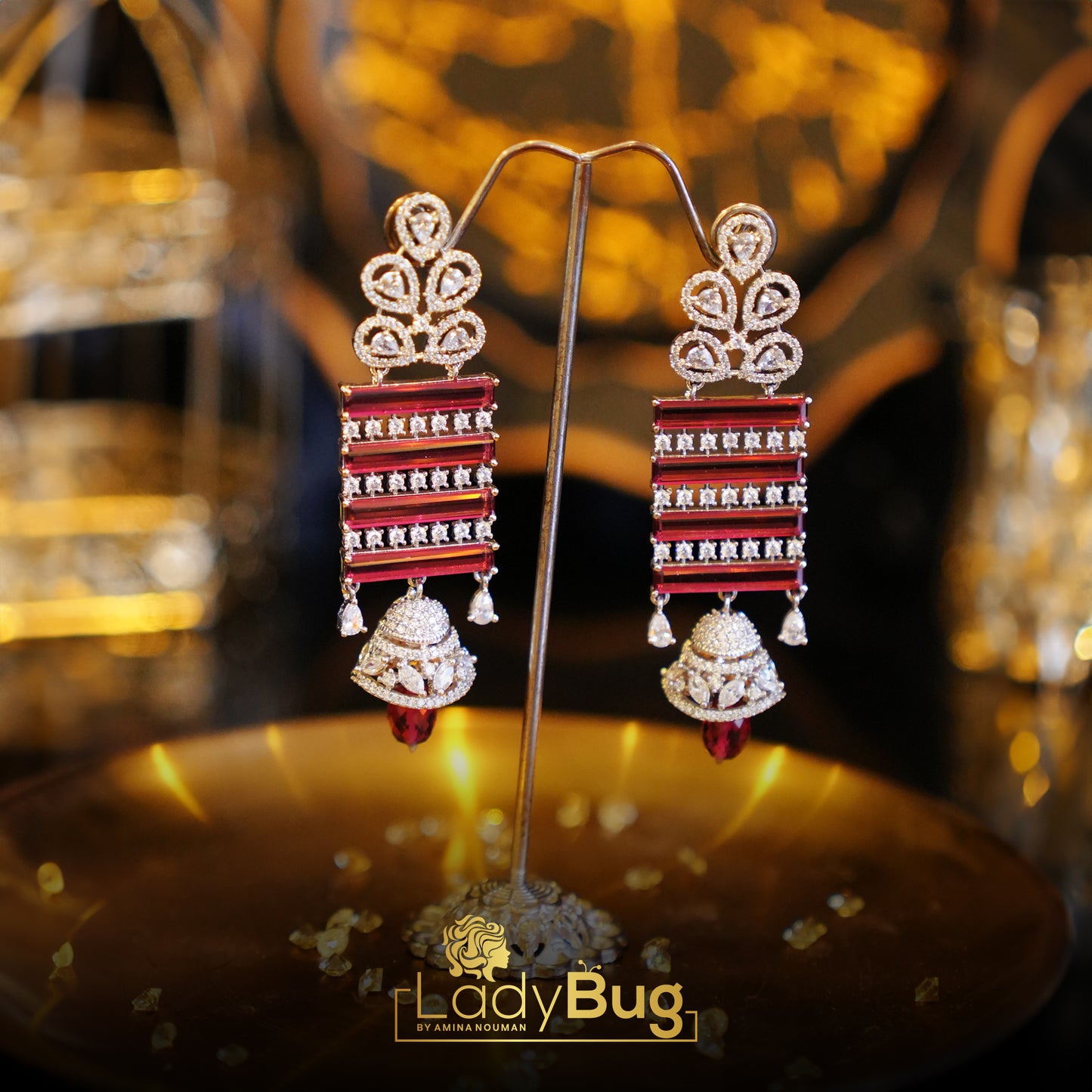 Rhodium-plated earrings with Ad stone and Rubi color
