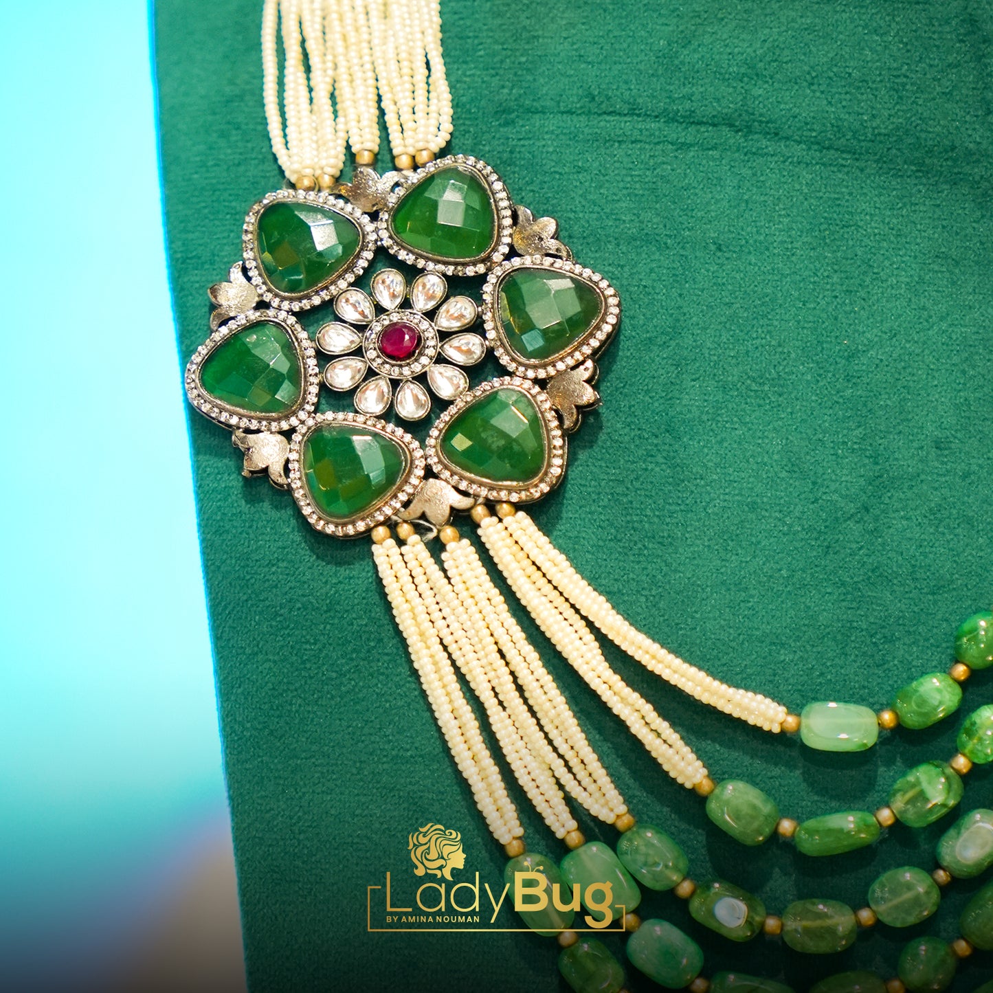 Victorian Polish Mala and Earrings with Emerald Stones