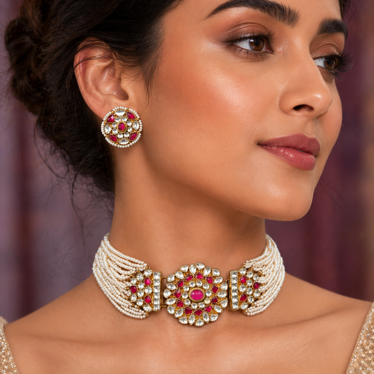 Pink And White Kundan Choker Set – Choker Set by Ladybug
