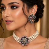 Elegant Pearl Choker Set with Pink Floral Center & Statement Earrings