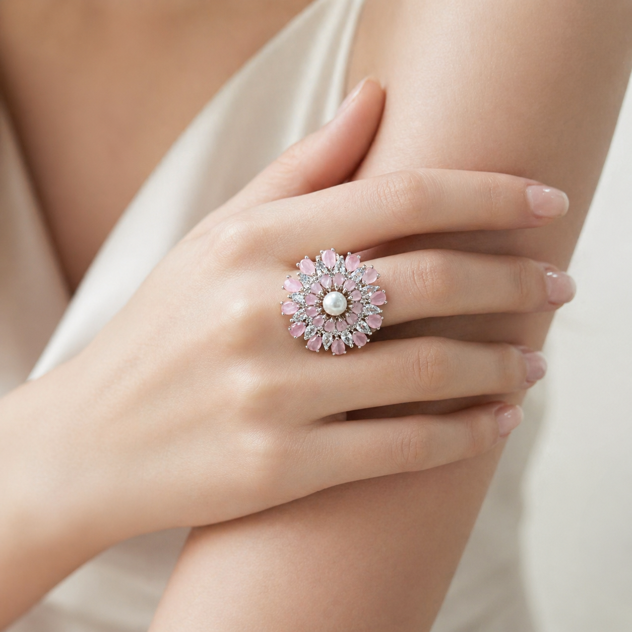 Silver Pink Petal Ring with Pearl & Sparkling Stones – Ring by Ladybug