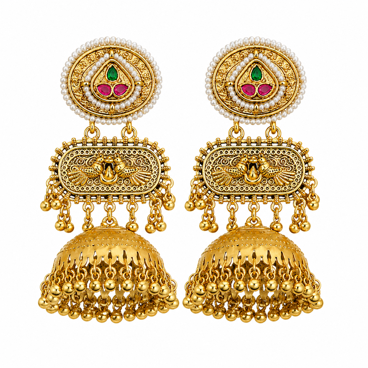 Traditional Gold-Tone Jhumka Earrings with Pearl Border & Pink-Green Stones