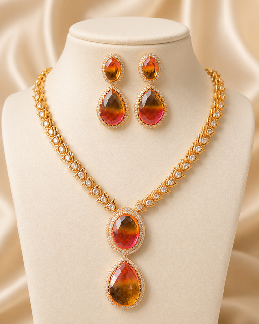 Luxury Gold Plated Necklace Set with Gradient Stone Pendant – Necklace Set by Ladybug