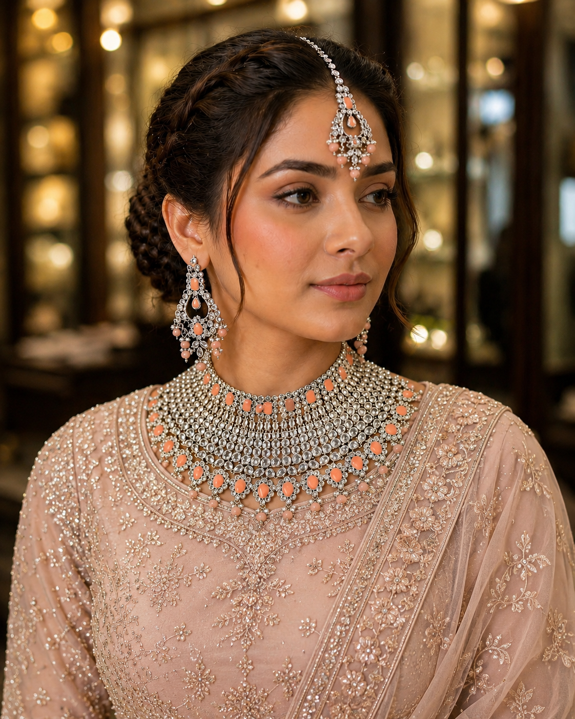 Rhodium-plated bridal set with white and peach color stone – Jewelry Set by Ladybug (Photo 2)